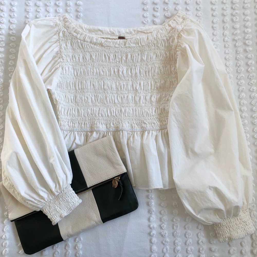 Free People Ruched Balloon Sleeve Top - Cropped with Peplum, White, Size XS